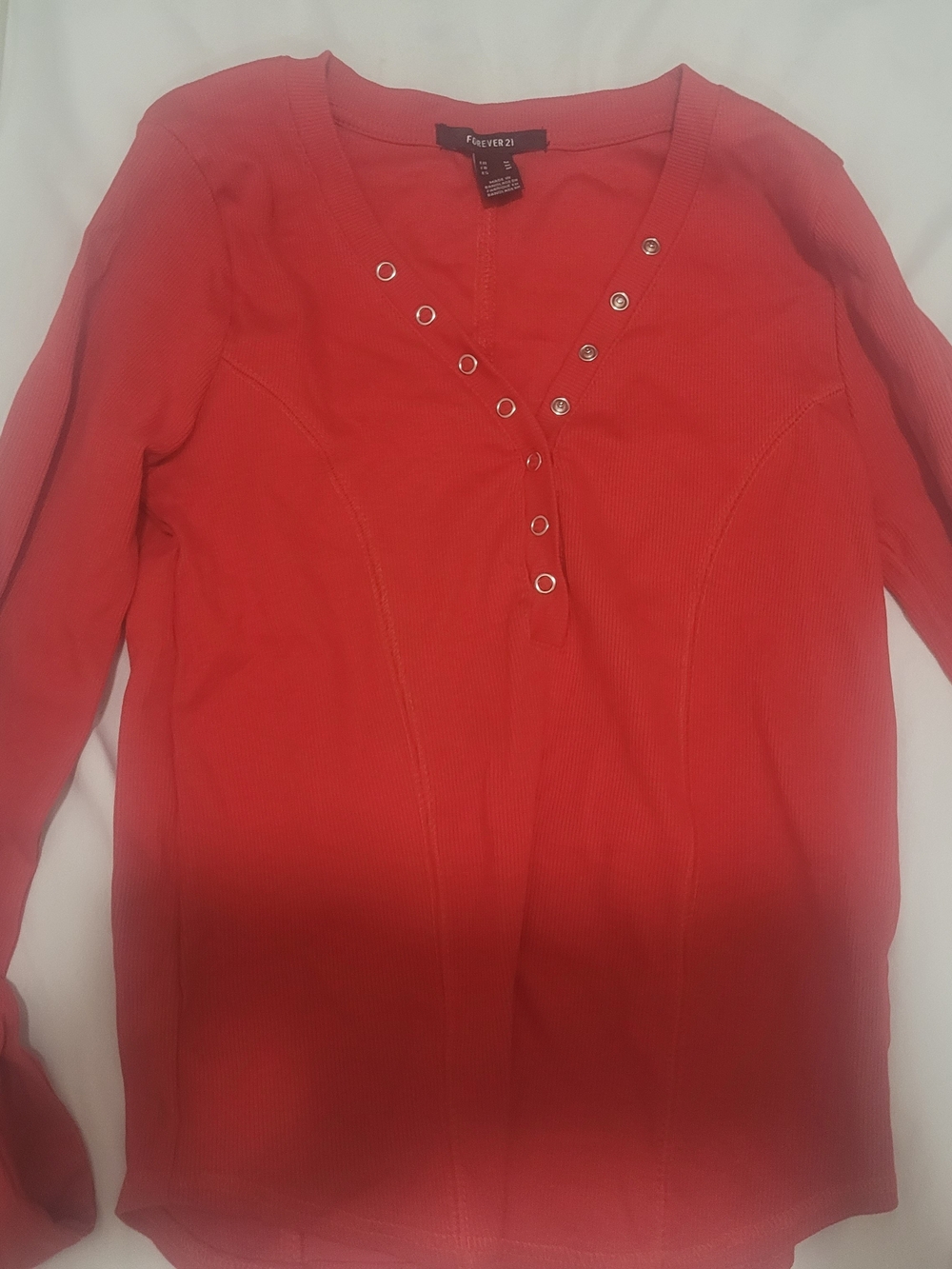 Forever 21 Red Long Sleeve Henley Top with Eyelet Detail